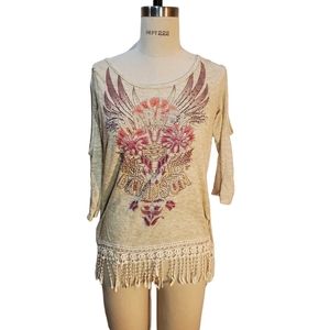 Harley Davidson Fringe Rhinestones Beads Top Size M Women Open 3/4‎ Sleeves